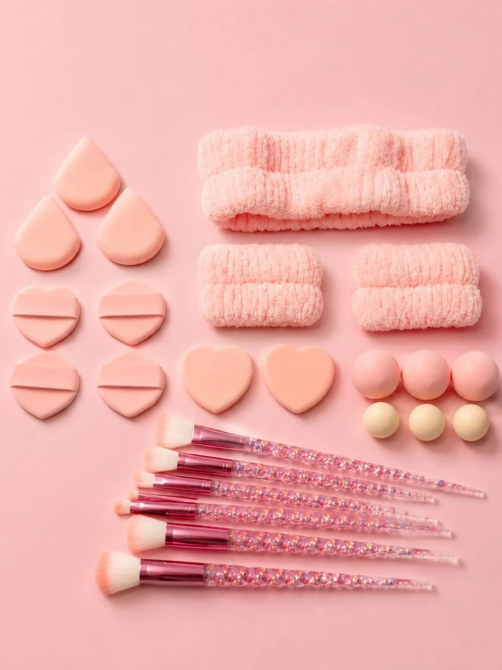 28 Pcs Pink Glitter Makeup Brush & Beauty Accessory Set with Headband